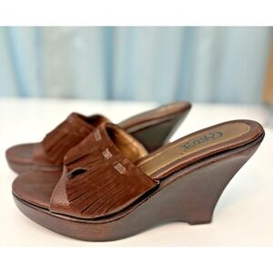 Carlos Santana Shoes Womens 7M Brown Fringe Gentle Wedge Sandals Slides